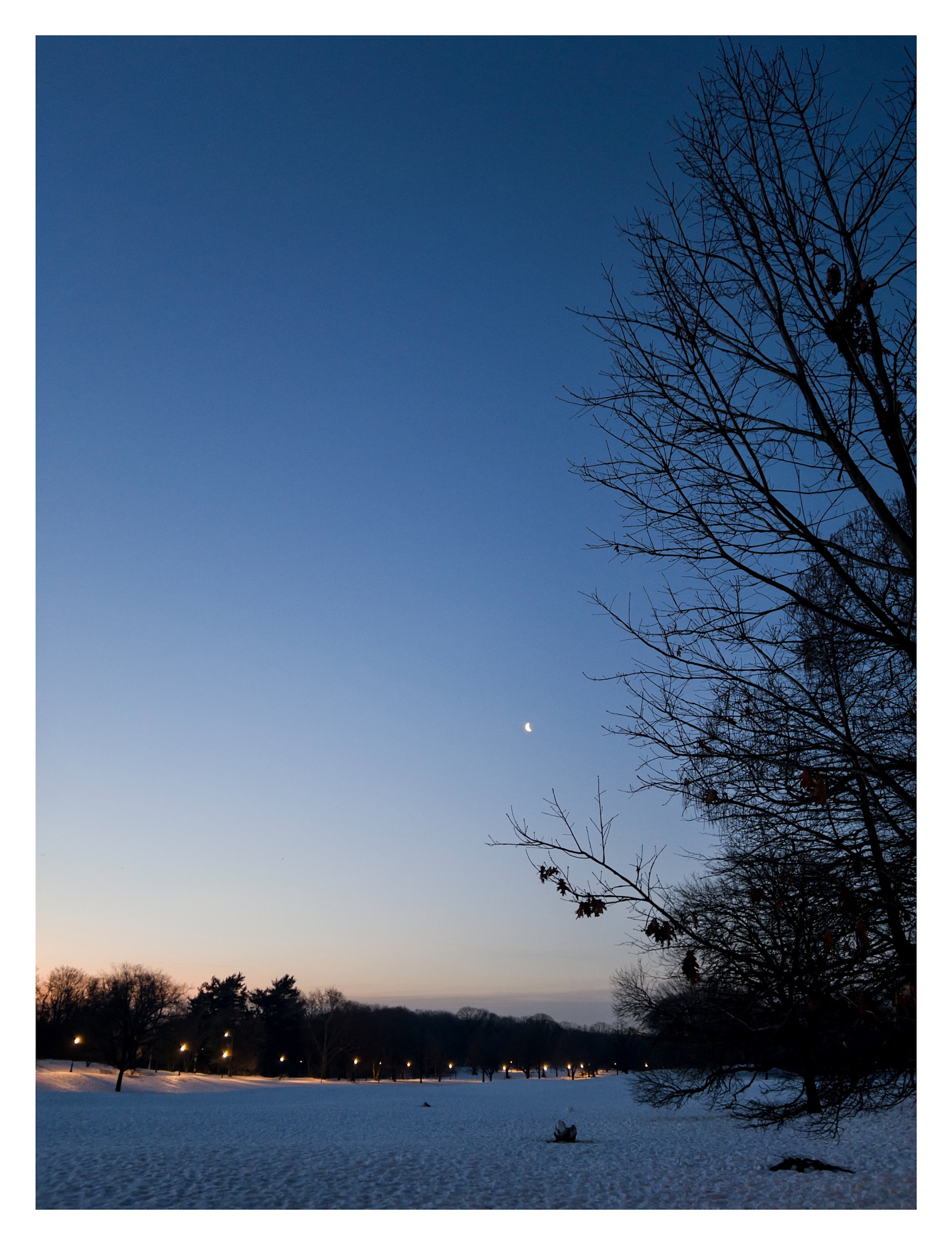 moonrise over a snowy field against a vast blue sky