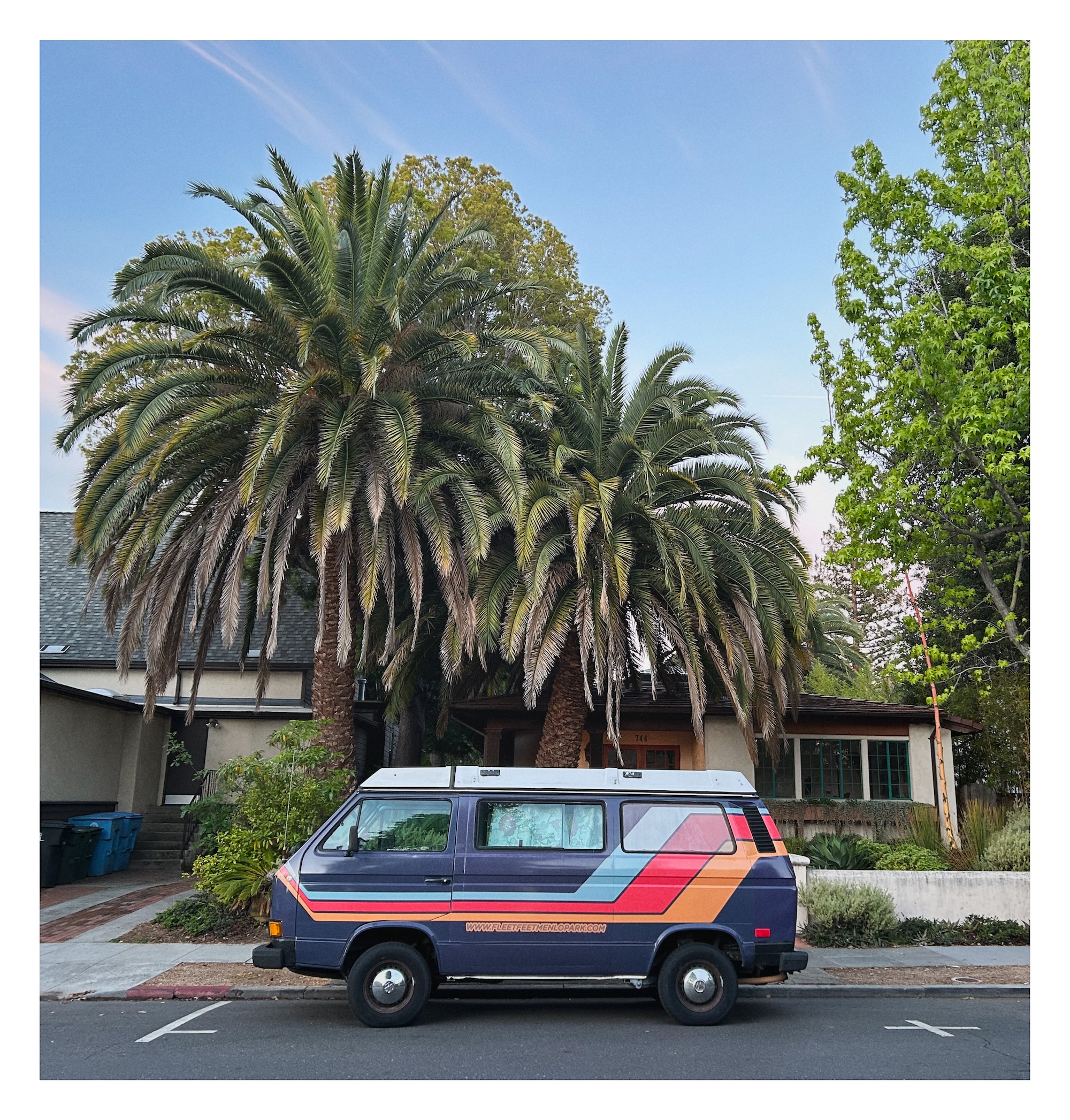 a colorful travel van parked on a residential street under a few big palm trees