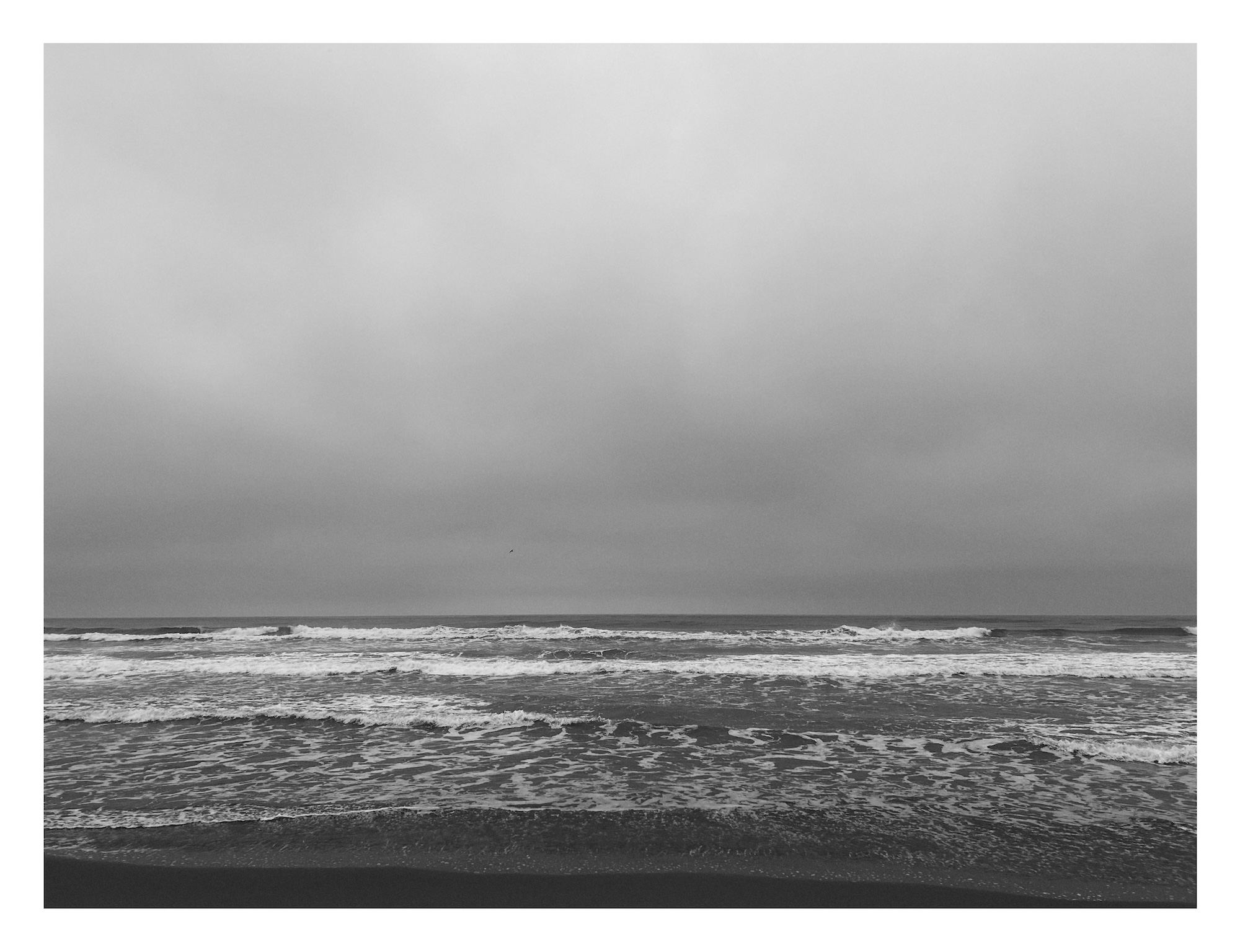 seascape view of a tall overcast sky above gently crashing waves