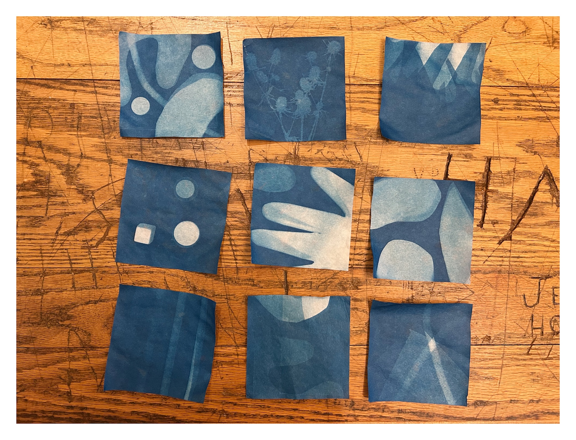 on a wooden table rest nine cyanotype prints with organic or geometric patterns in varied light and dark blue shades