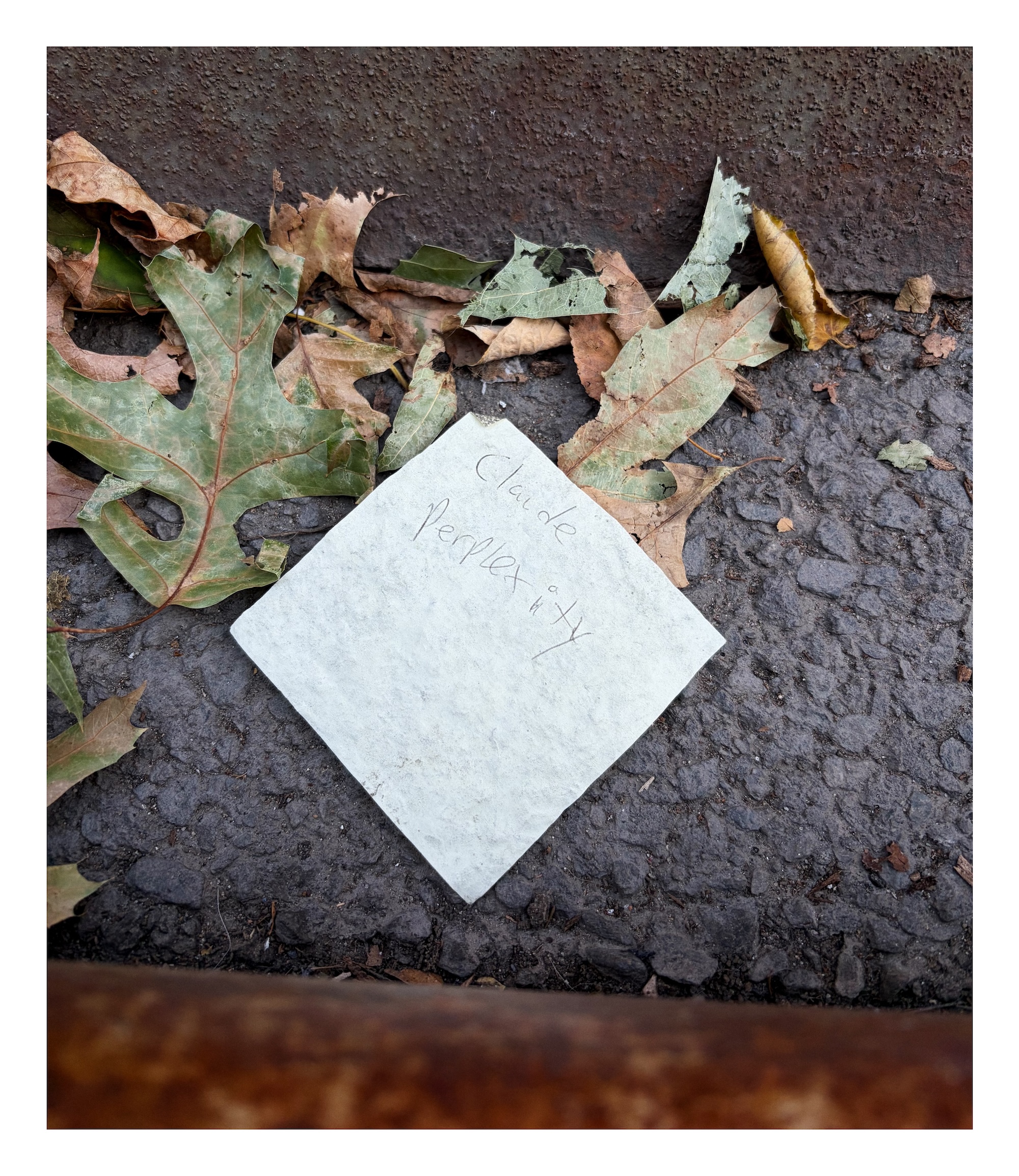 a post-it note lying in a gutter with the words 'claude' and 'perplexity' written on it